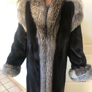 Vintage black mink fur coat w/ silver fox trim